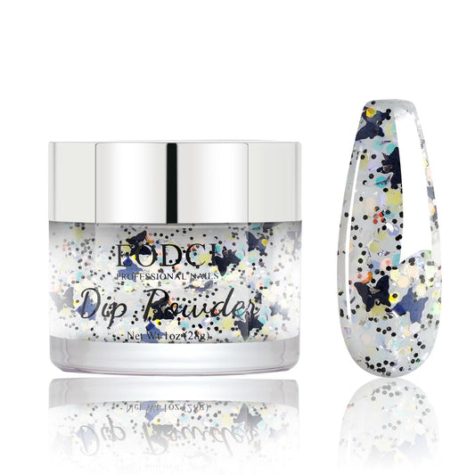 eodci jar front view showing butterfly silver glitter and clear labeling, easy identification benefit
