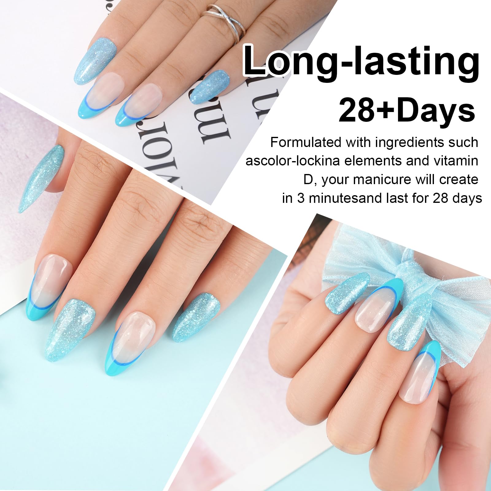 eodci finished French-style nails with sky blue glitter, durable glossy result
