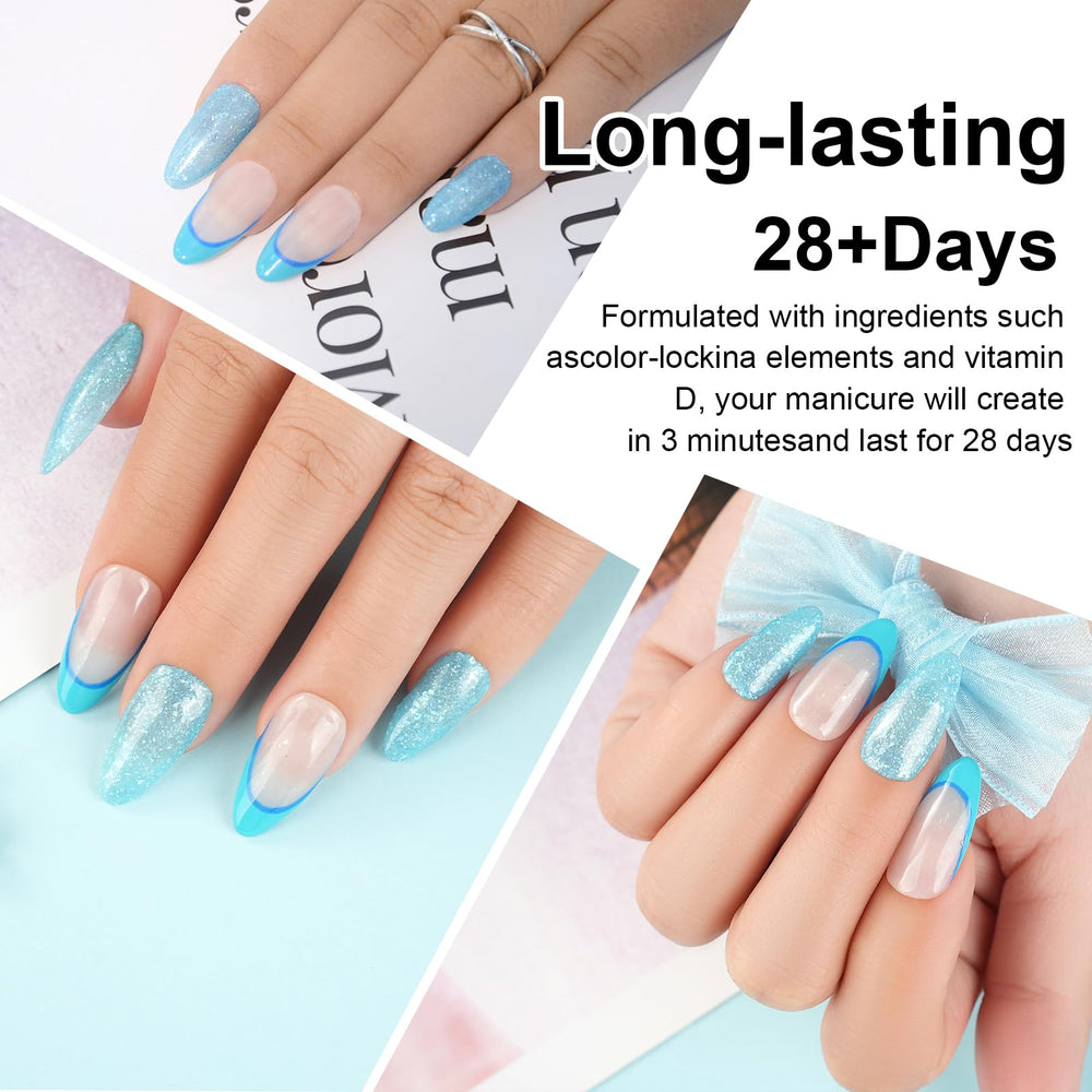 eodci finished French-style nails with sky blue glitter, durable glossy result