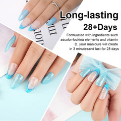 eodci finished French-style nails with sky blue glitter, durable glossy result
