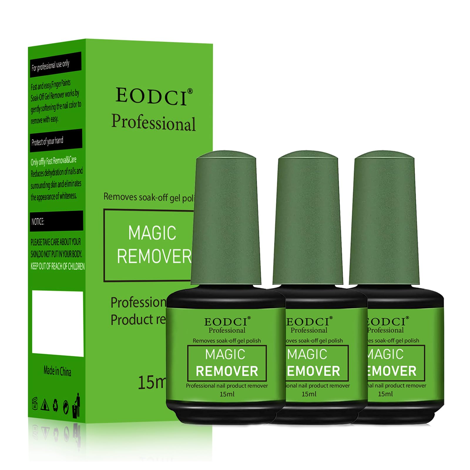 eodci front packaging showing three remover bottles and product benefit quick removal