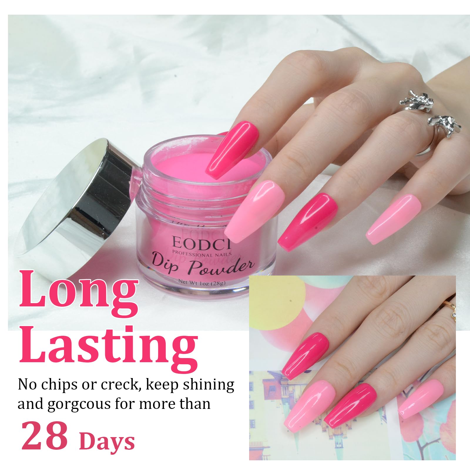eodci glossy topcoat over hot pink powder emphasizing chip-resistant shine