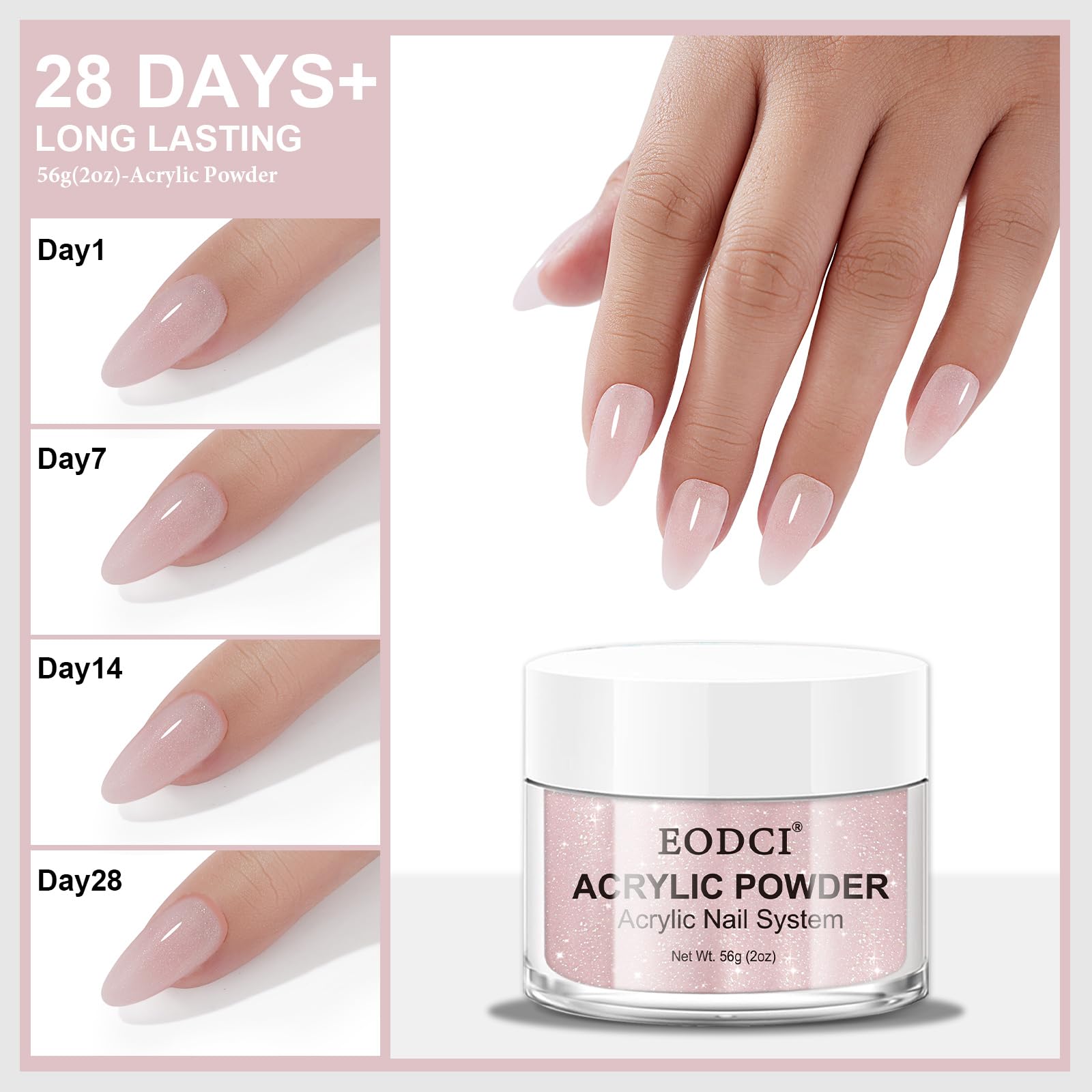 close-up texture of eodci glitter pink acrylic powder showing fine, even shimmer