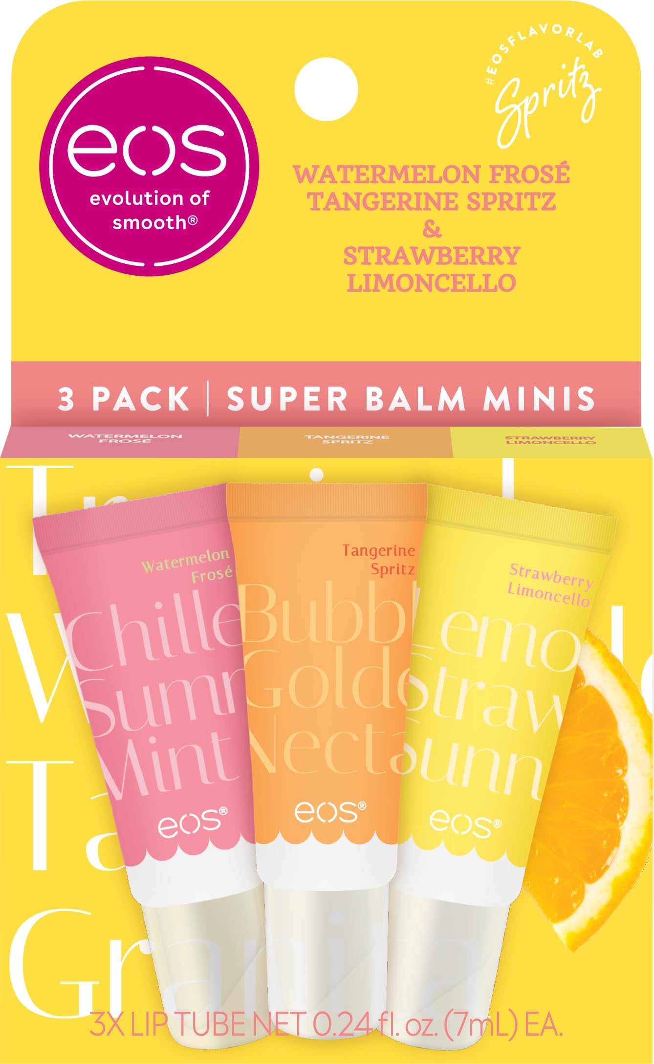 eos Amalfi Sunset front packaging showing three mini balms with vibrant labels and travel-ready appeal