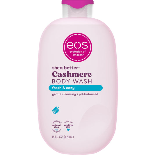 eos Cashmere Body Wash front bottle showing product benefits