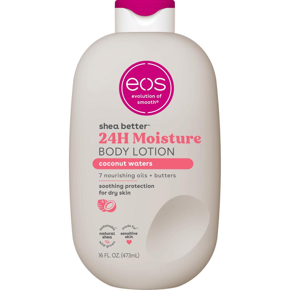 eos front bottle showing Coconut Waters label and moisturizing benefit