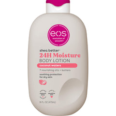 eos front bottle showing Coconut Waters label and moisturizing benefit