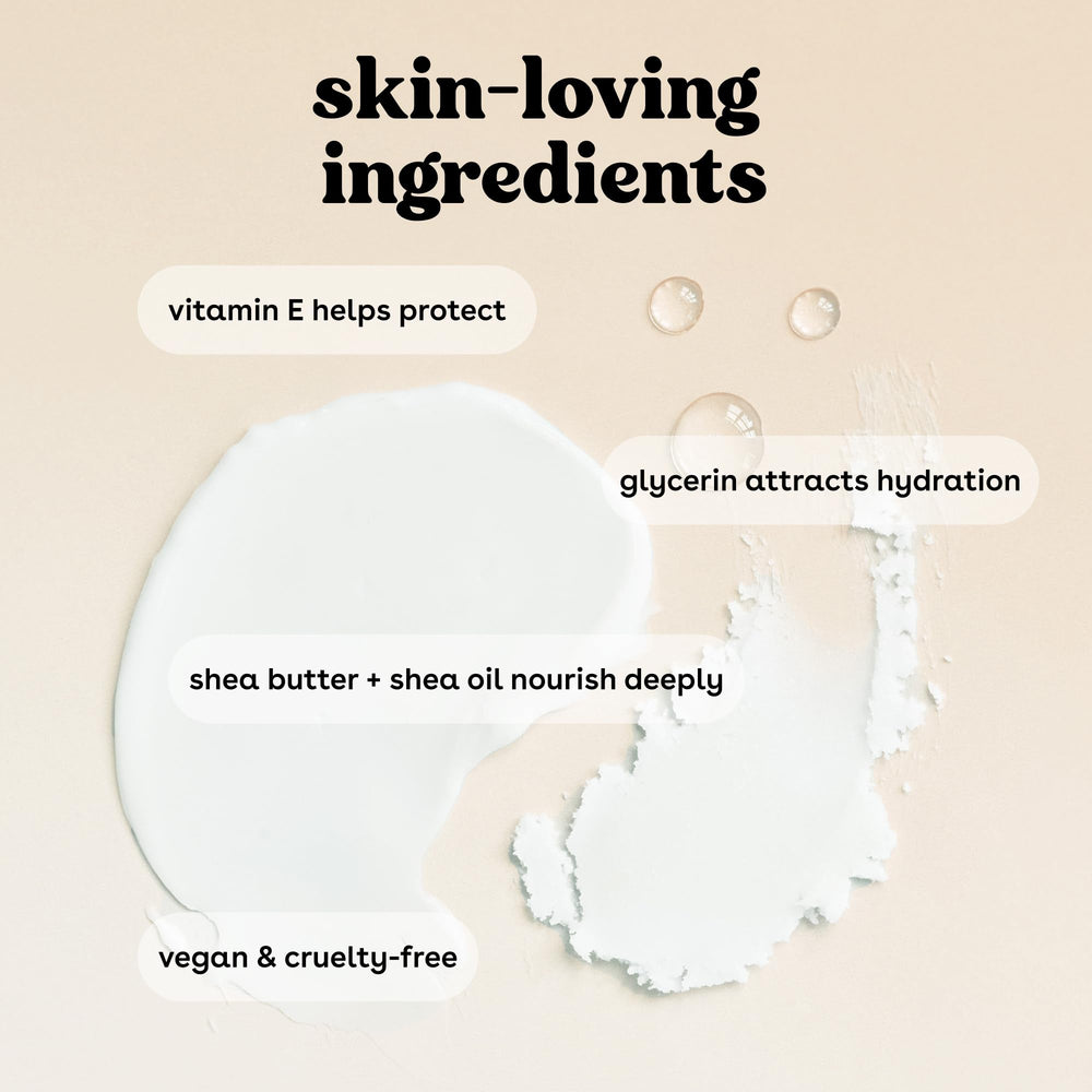 eos lotion spread on forearm demonstrating smooth, non-greasy finish benefit