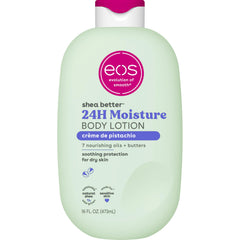 eos front bottle showing label and pistachio scent benefit moisturizes