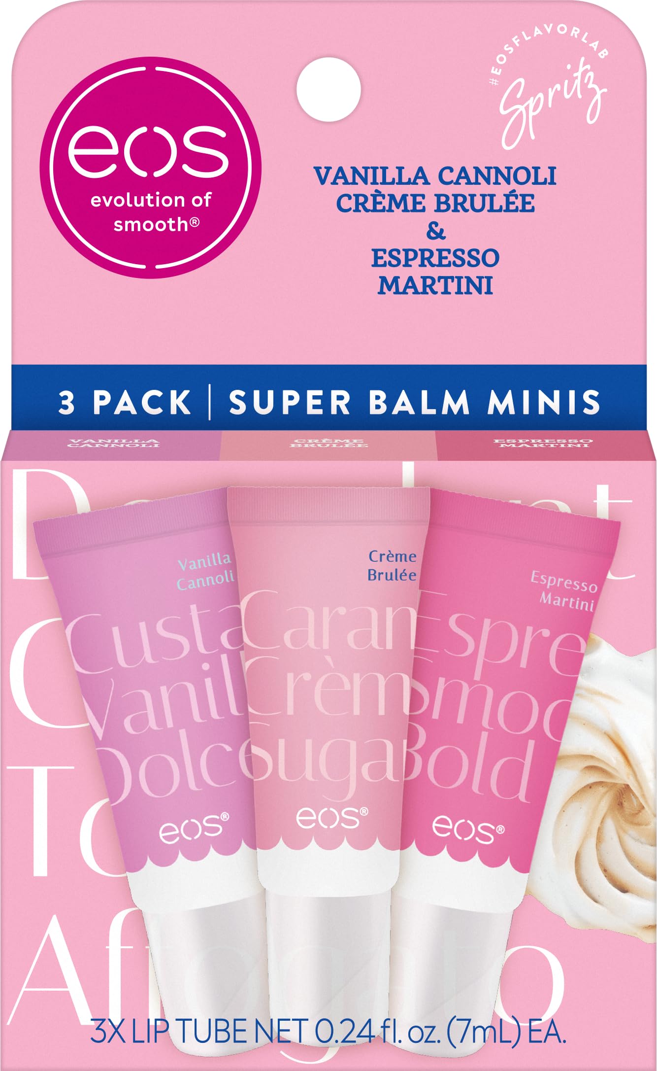 eos Dolce Vita trio front packaging showing three mini Super Balms and flavor labels for convenience