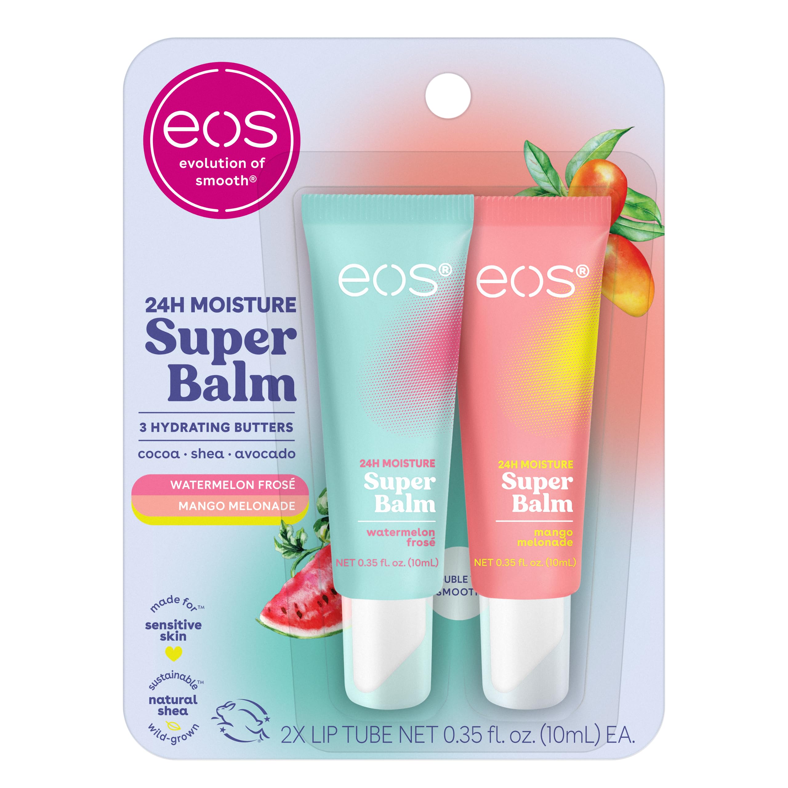 eos front packaging showing two tubes and benefits of daily hydration