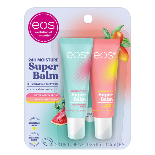 eos front packaging showing two tubes and benefits of daily hydration