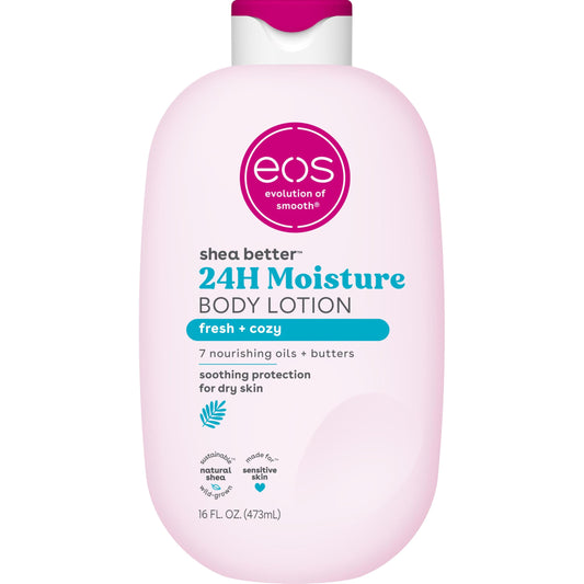 eos front packaging showing Fresh & Cozy bottle and 24-hour hydration benefit