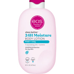 eos front packaging showing Fresh & Cozy bottle and 24-hour hydration benefit