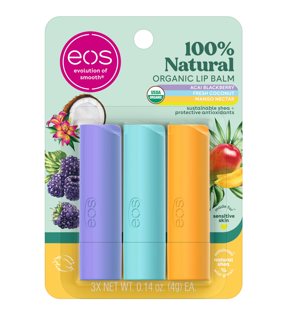 eos front packaging 3-pack showing flavors and convenience benefit