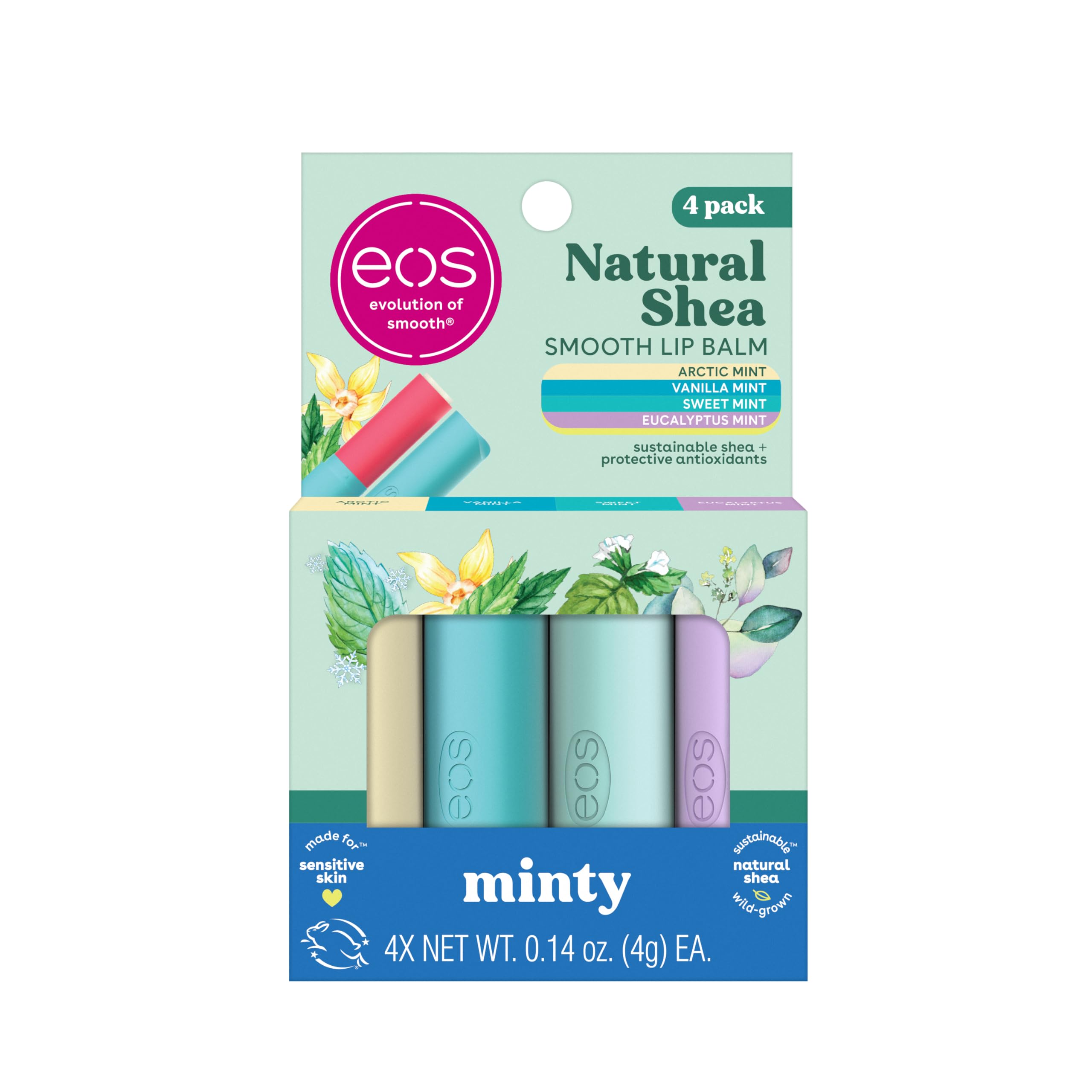 eos front packaging showing four minty lip balms and easy grab convenience