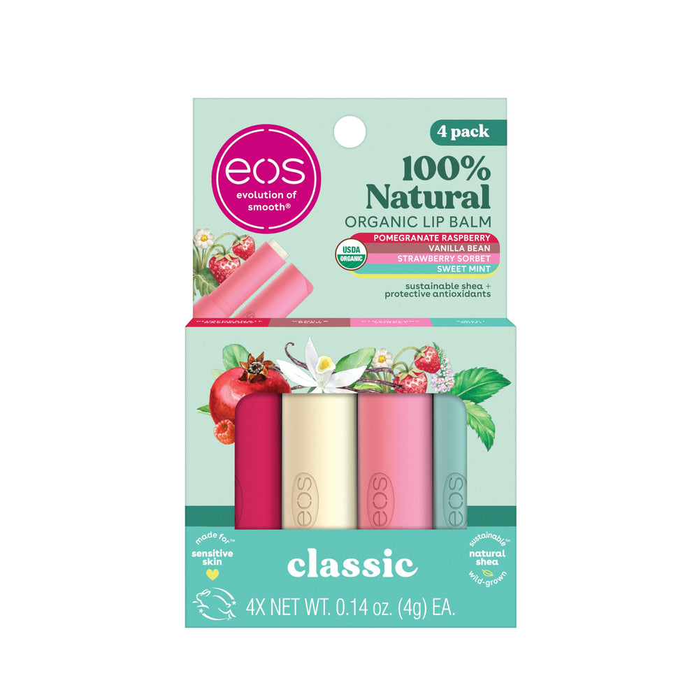 eos front packaging showing four organic lip balms and easy access