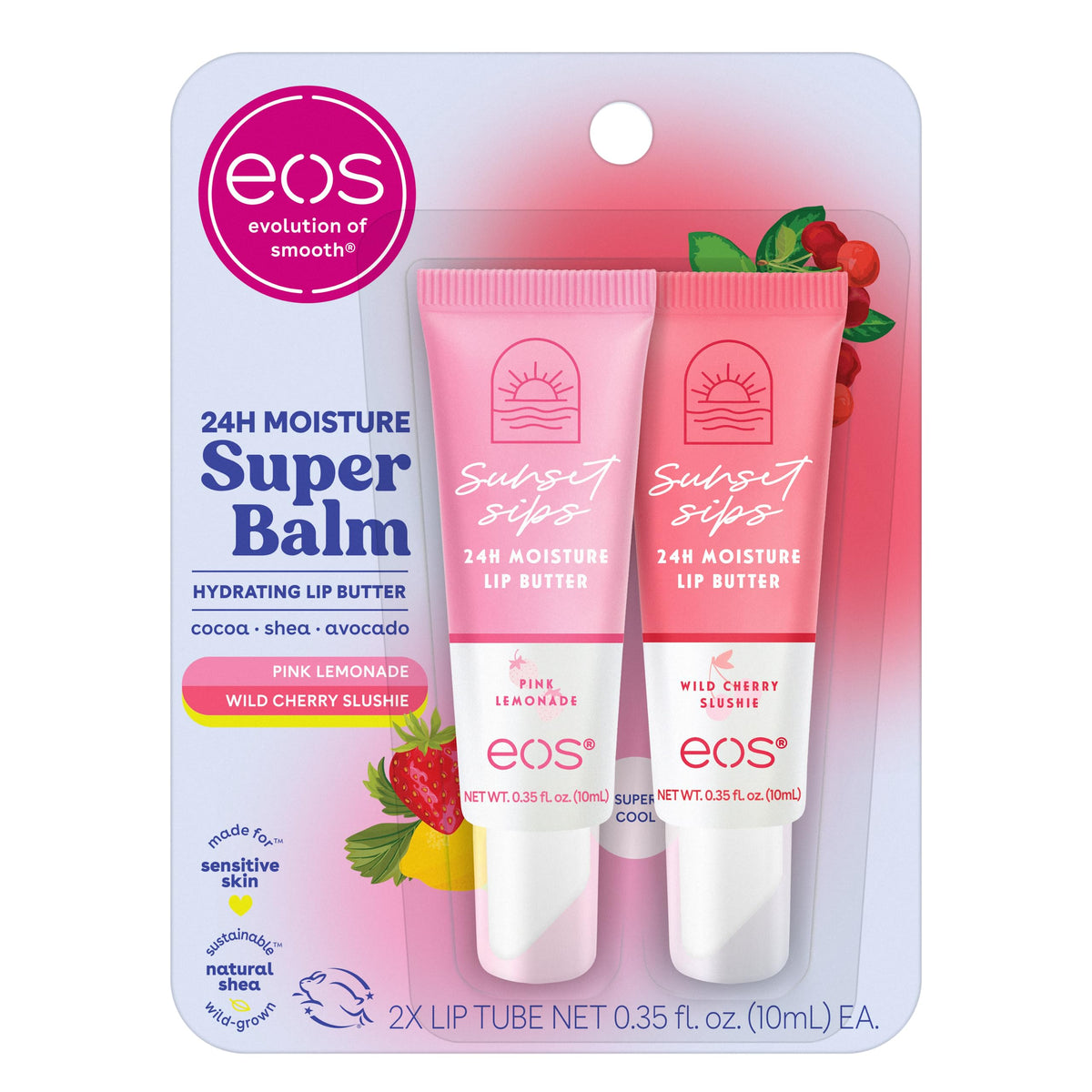 eos front packaging showing Pink Lemonade and Wild Cherry Slushie, highlights portability