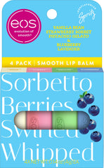 eos front packaging of four gelato shop lip balms, clear flavor display and gift-ready