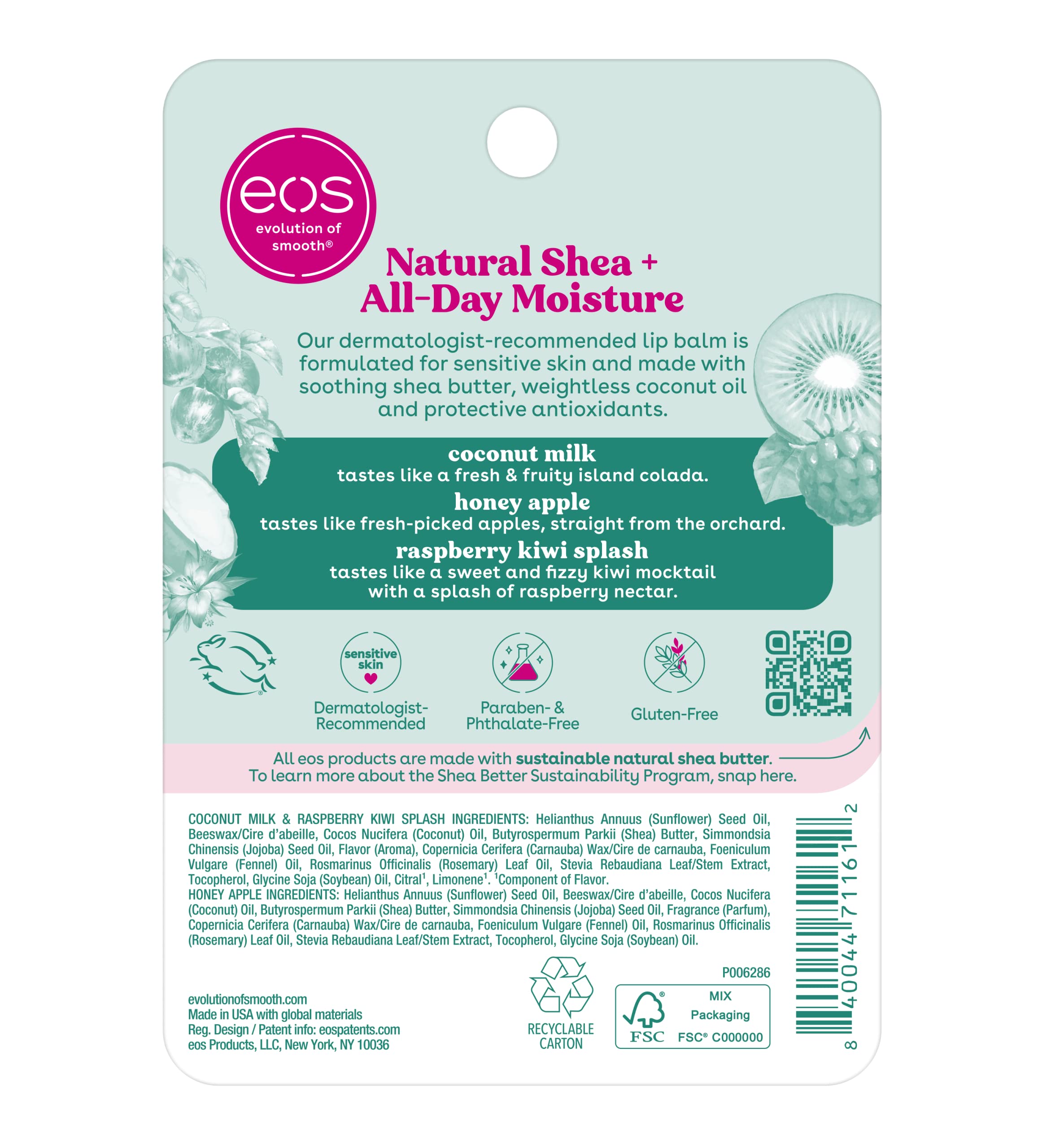 eos ingredients display shea coconut jojoba emphasizing natural nourishing benefit