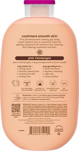 eos Pink Champagne bottle styled in bathroom for a luxurious, uplifting shower experience
