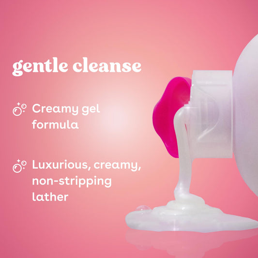 eos Pink Champagne pump producing creamy lather for gentle, moisturizing cleanse