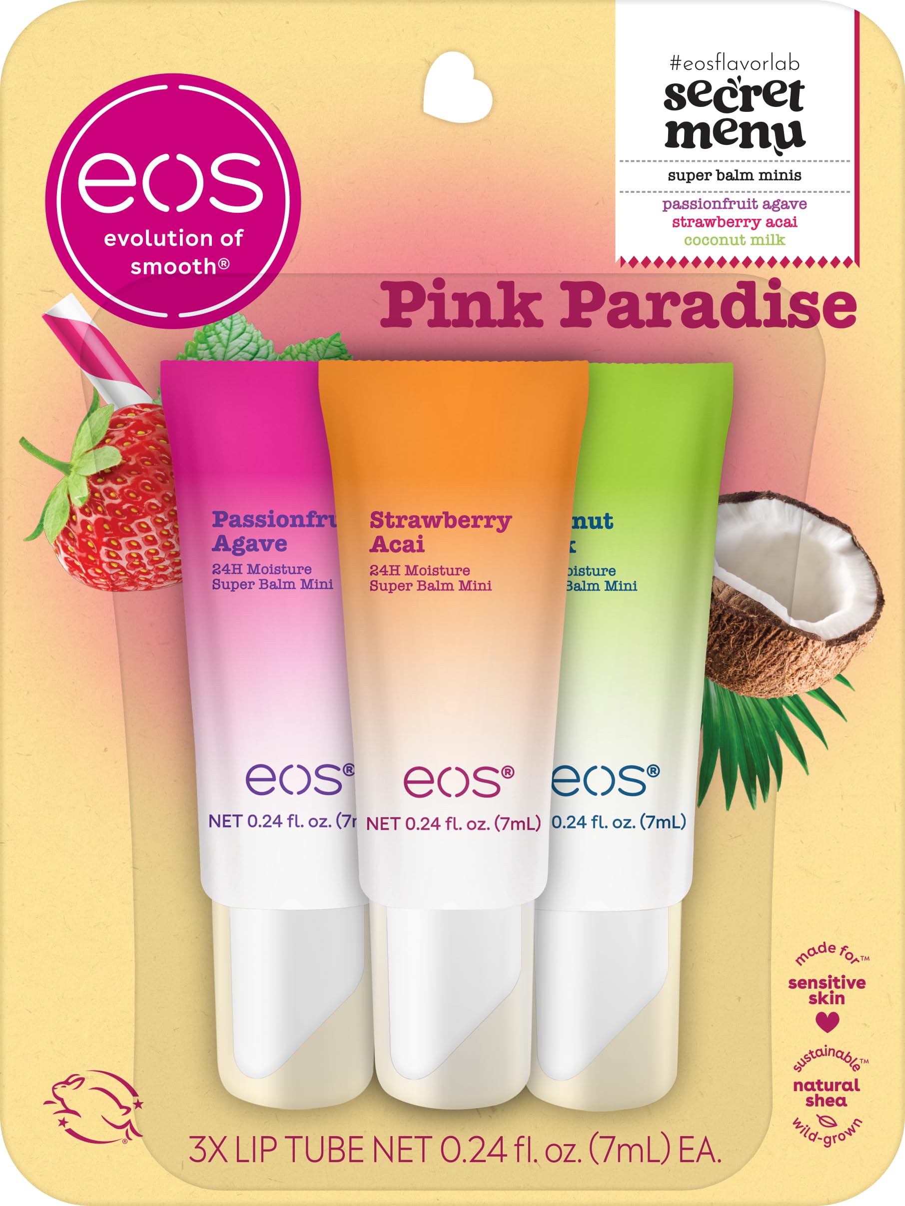 eos front packaging showing limited-edition Pink Paradise trio and portability benefit