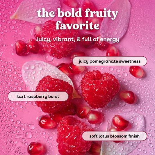 eos label close-up highlighting pomegranate raspberry scent and ingredient callouts