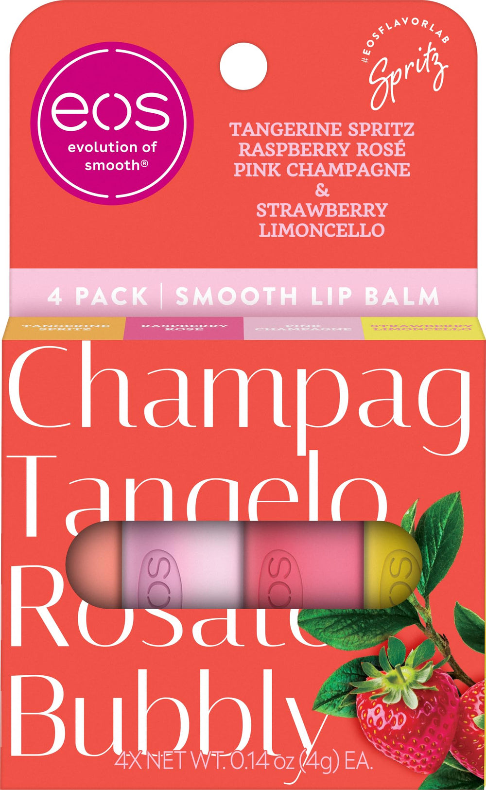 eos front packaging of four-flavor seaside spritz pack showing variety benefits