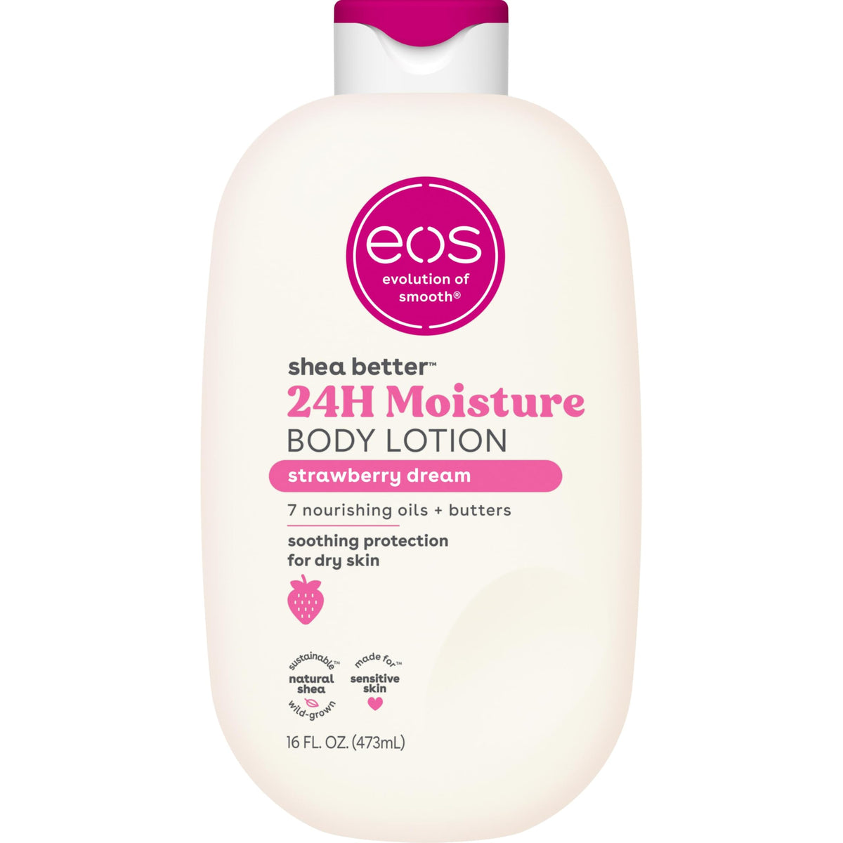 eos bottle front view showing Strawberry Dream lotion benefits