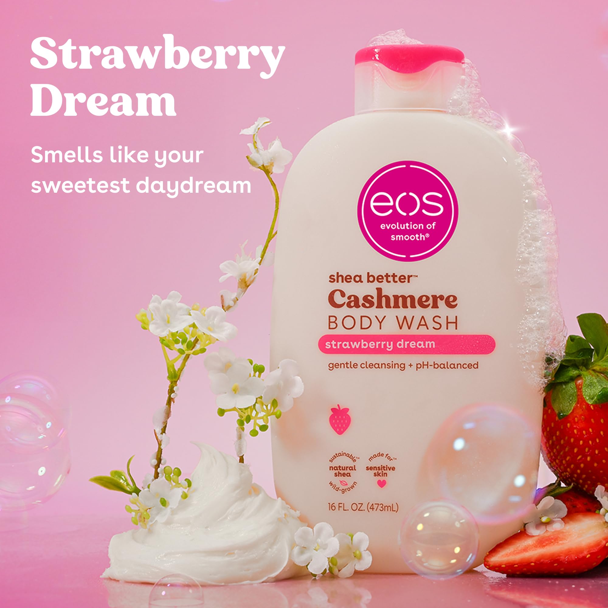 eos pump close-up of Strawberry Dreams bottle for easy dispensing benefit
