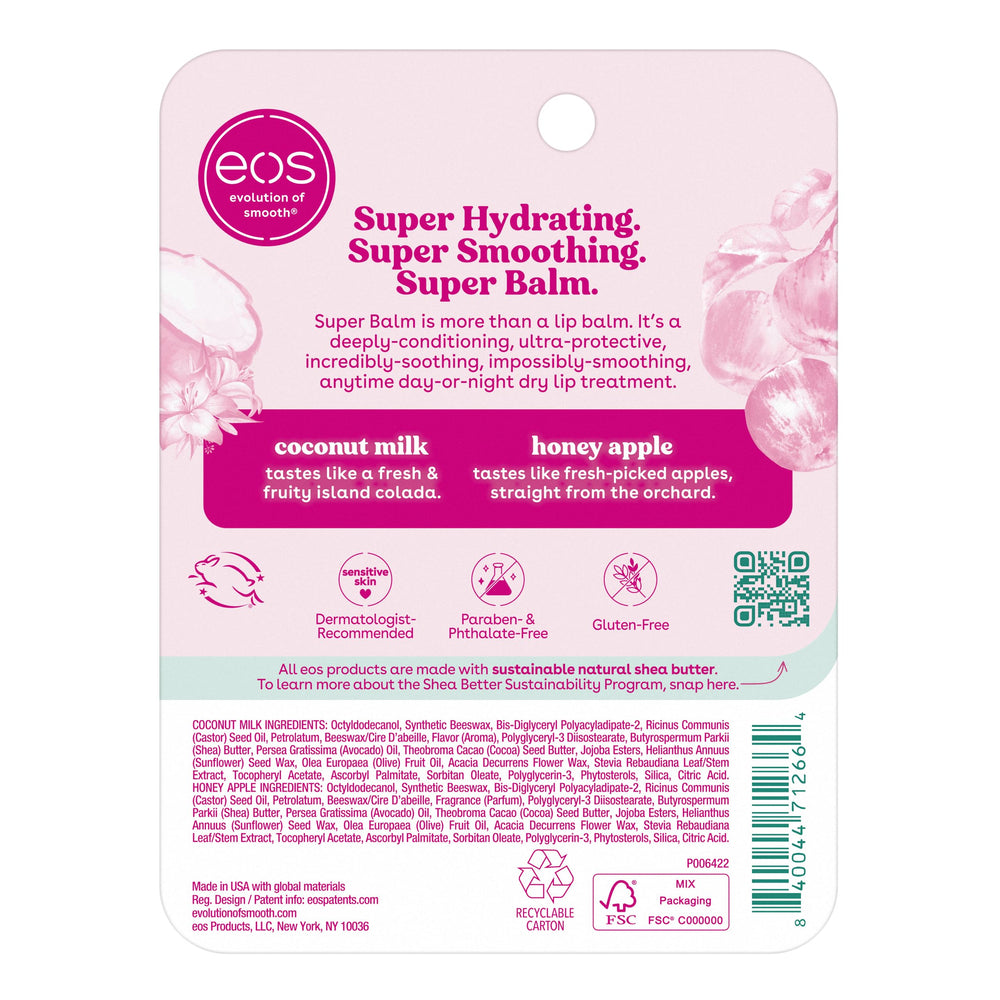 eos packaging and ingredient list emphasizing sustainably sourced butters