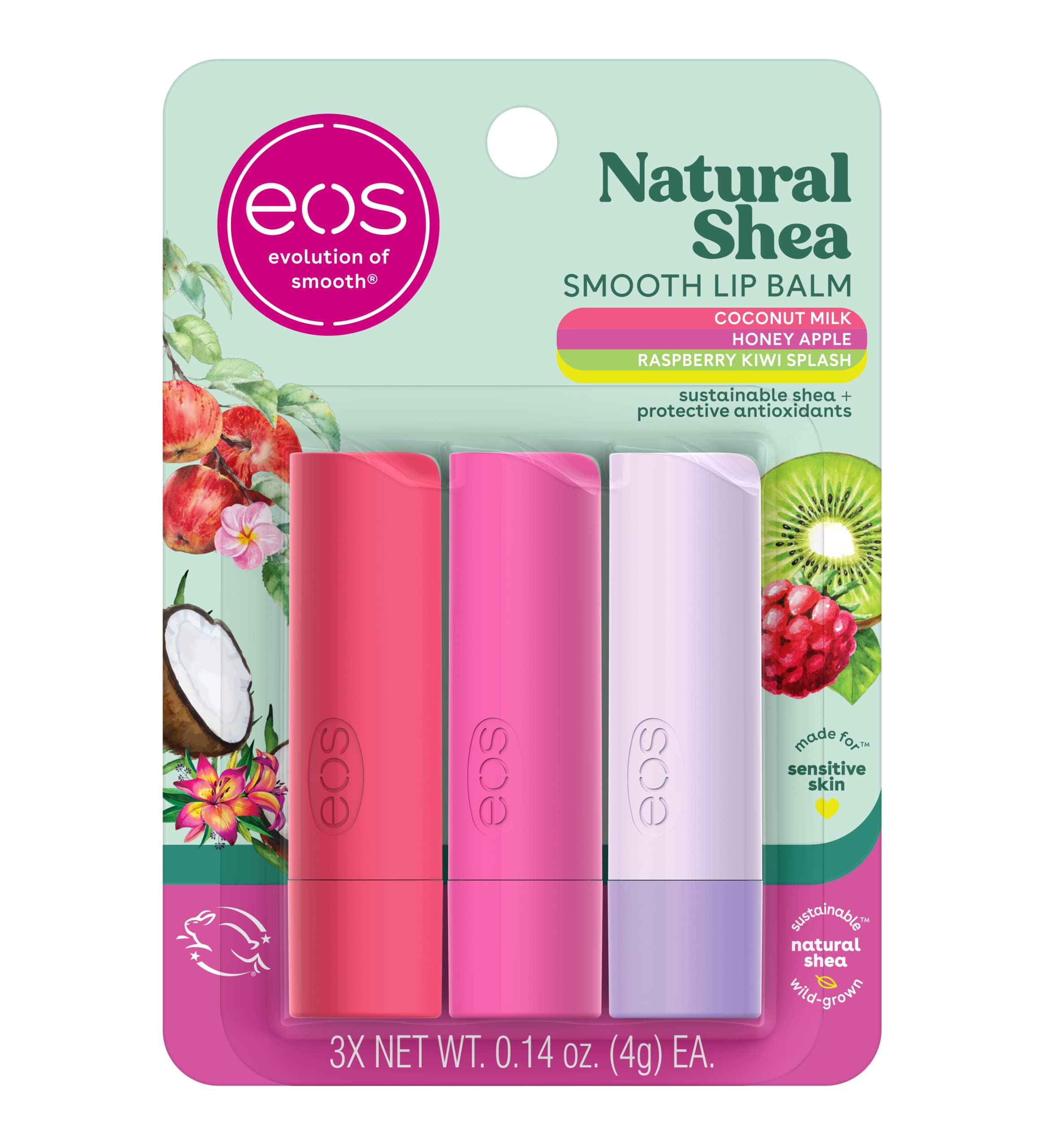 eos three-pack front view showing all three flavor tubes and packaging benefit moisture