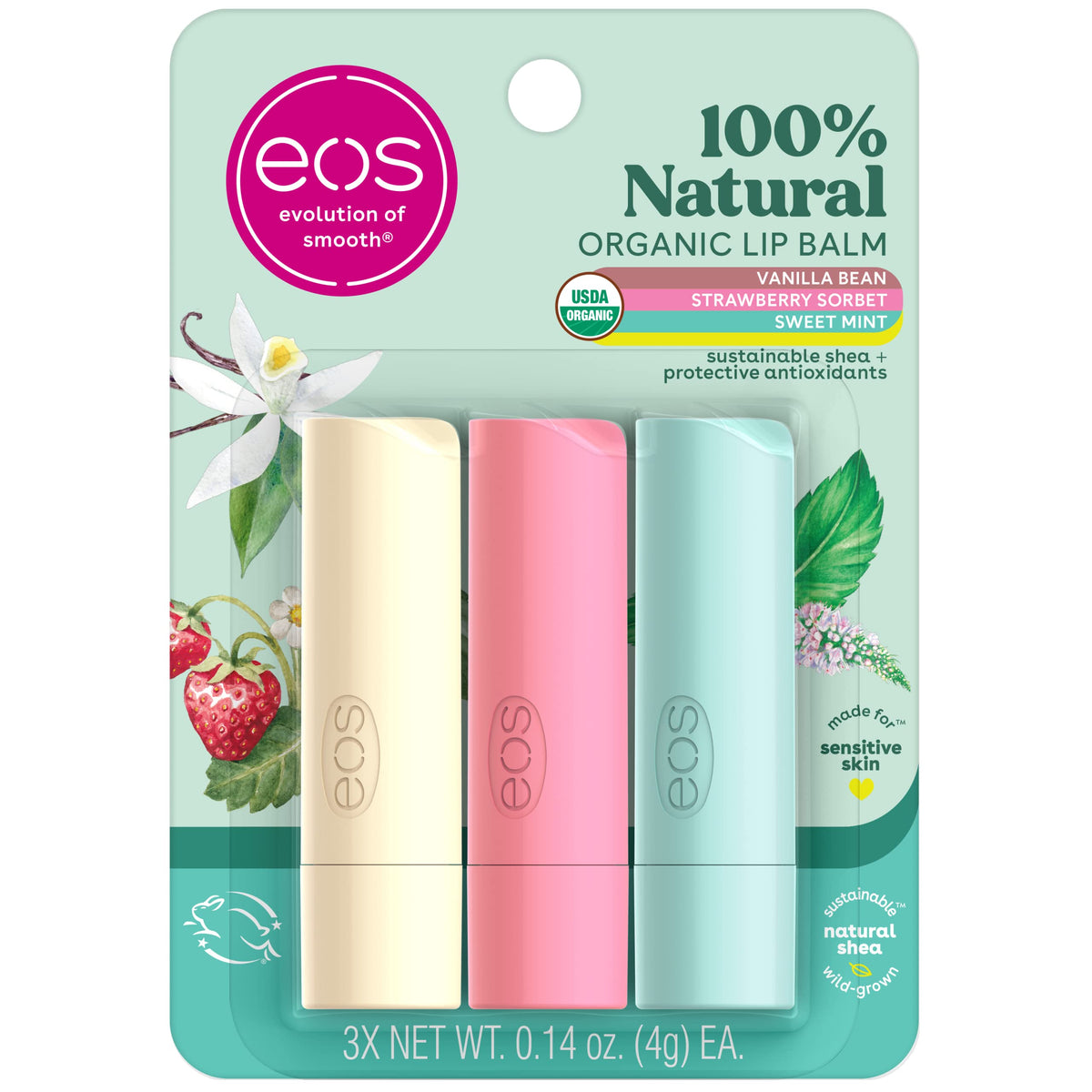 eos trio front packaging showing three flavors and organic label for convenient selection