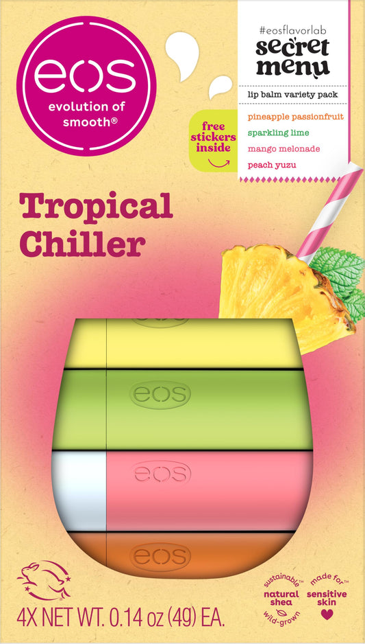 eos tropical chiller front packaging showing four flavored balms, colorful gift-ready set