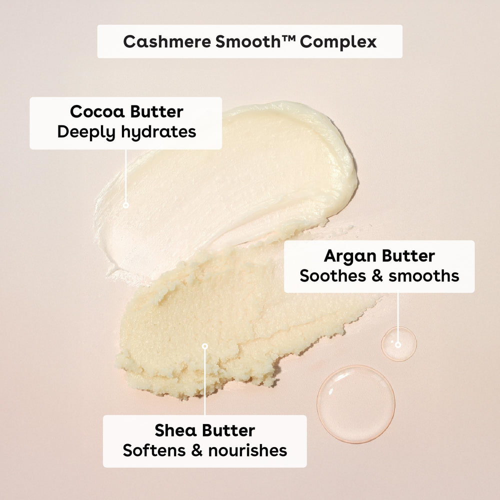 eos vanilla cashmere application on leg demonstrating soothing post-shave moisture and smooth finish