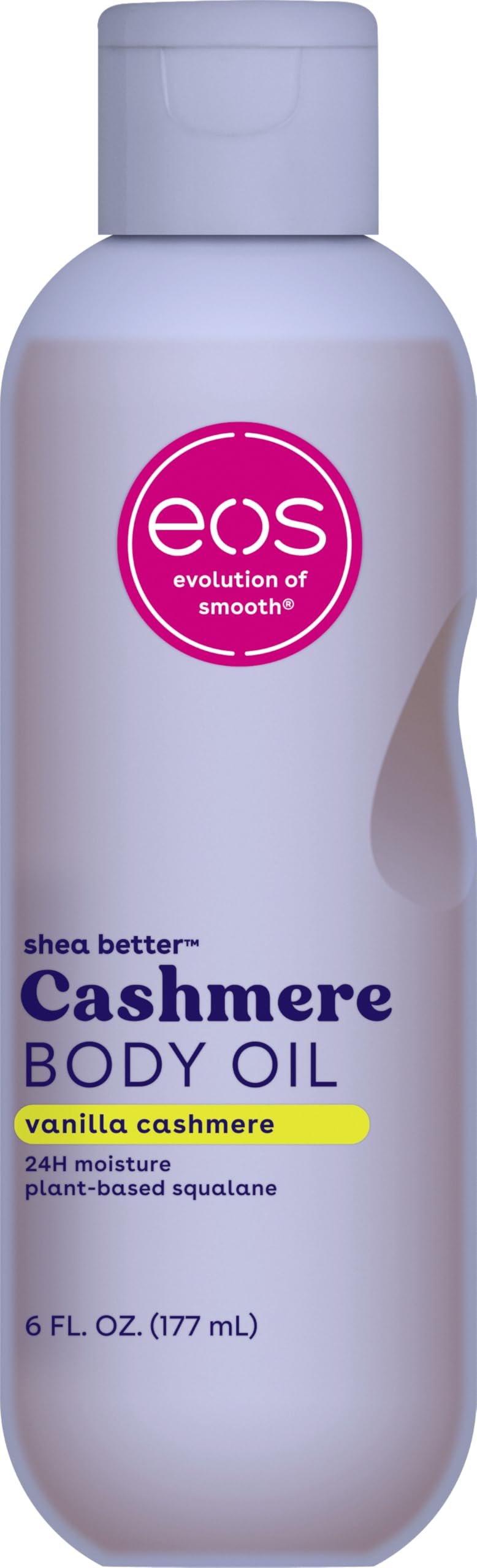 eos bottle front view showing vanilla cashmere label and benefit of lightweight hydration