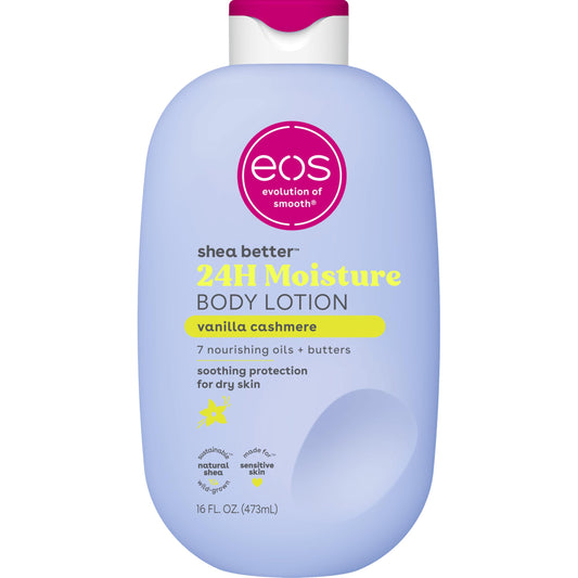eos front bottle showing Vanilla Cashmere and 16 fl oz for shelf appeal