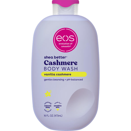 eos bottle front view showing vanilla cashmere label and moisturizing benefit