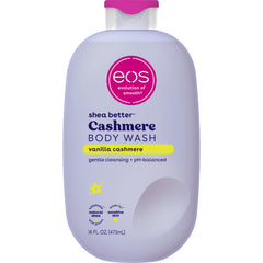 eos bottle front view showing vanilla cashmere label and moisturizing benefit