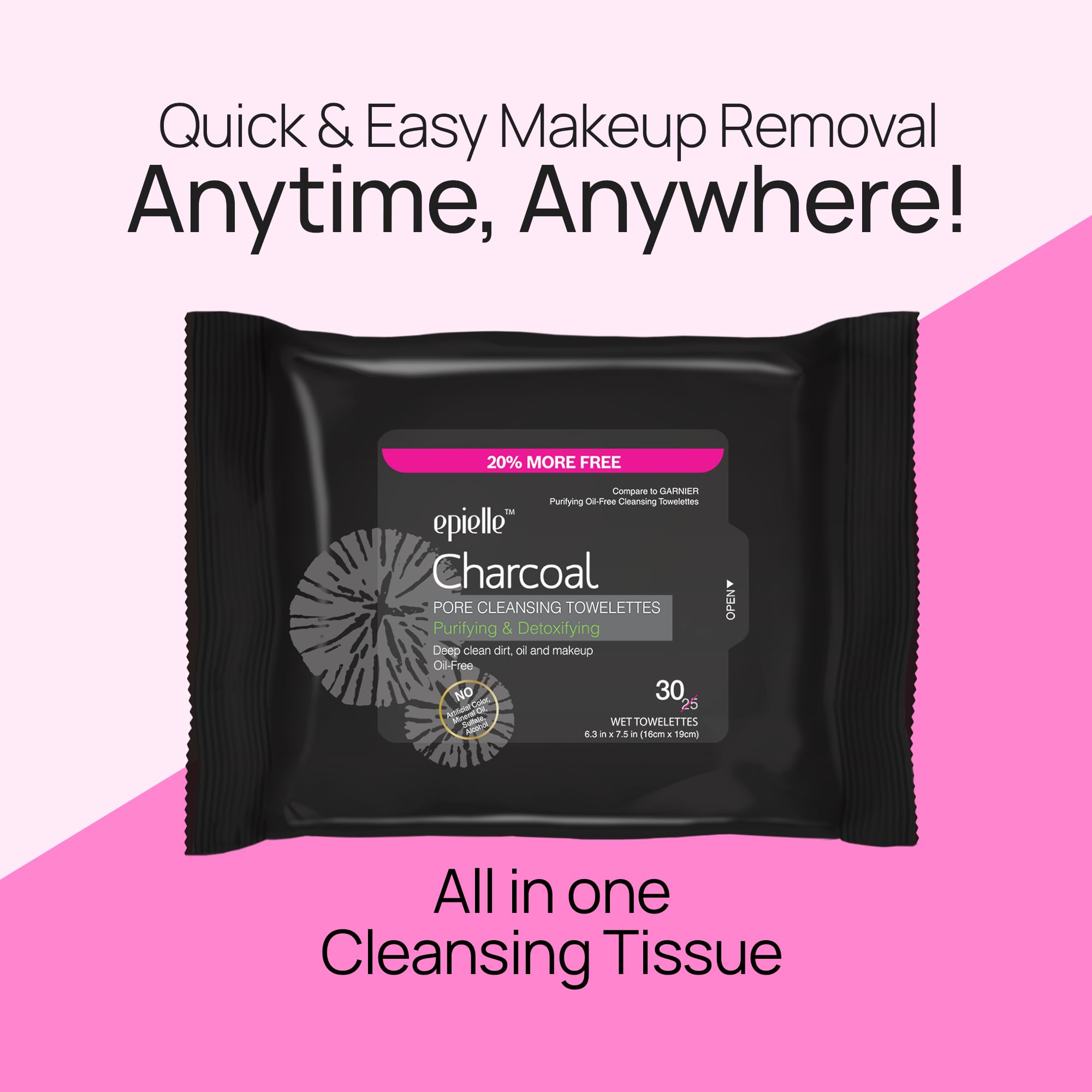 Epielle textured wipe close-up displays soft cloth and charcoal fibers for gentle exfoliation