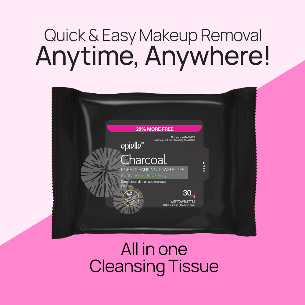 Epielle textured wipe close-up displays soft cloth and charcoal fibers for gentle exfoliation