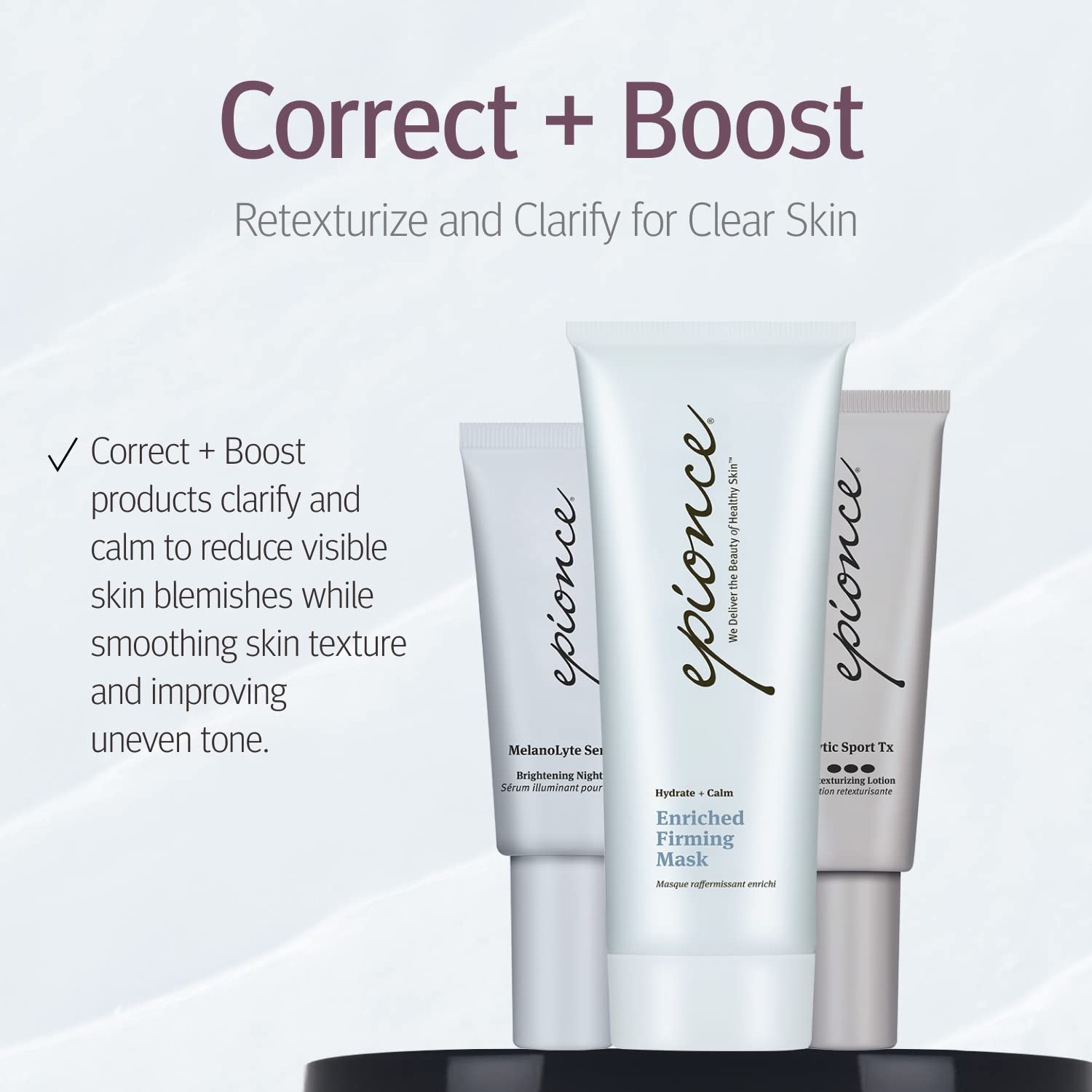 Close-up of Epionce label highlighting key moisturizing ingredients and benefits
