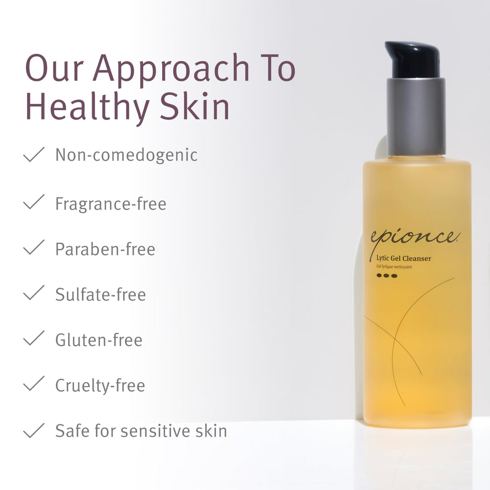 Epionce cleanser next to common items for size comparison and travel-friendly benefit
