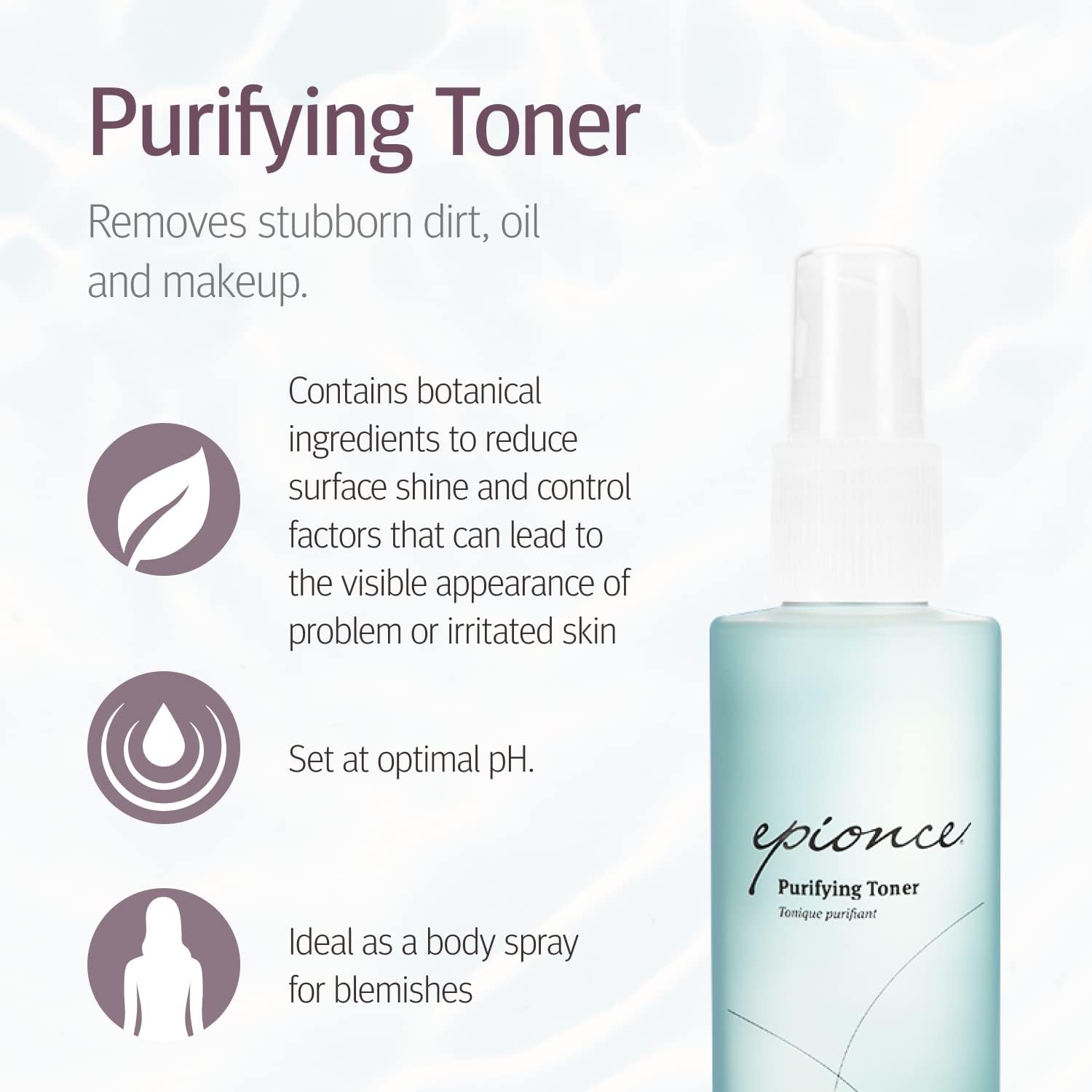 Epionce purifying toner back label listing ingredients and directions for safe use