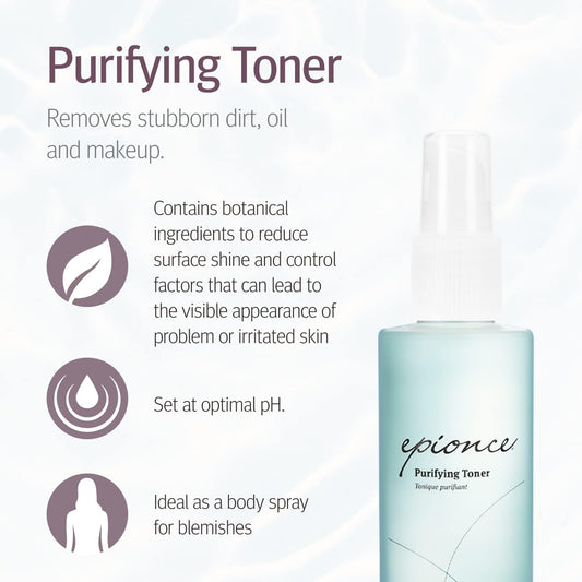 Epionce purifying toner back label listing ingredients and directions for safe use