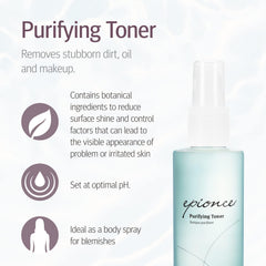 Epionce purifying toner back label listing ingredients and directions for safe use