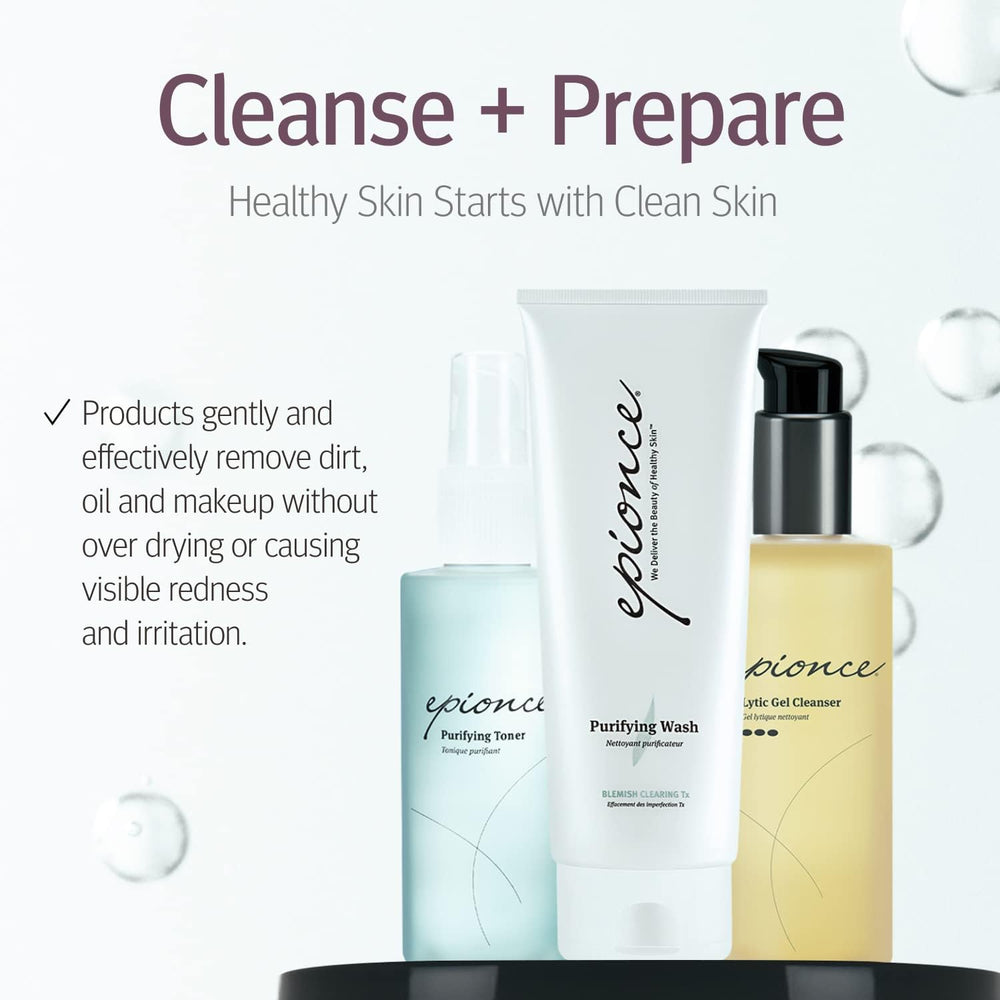 Epionce purifying toner applied to face with cotton pad for thorough cleansing