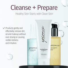 Epionce purifying toner applied to face with cotton pad for thorough cleansing