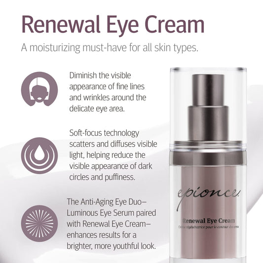 Epionce Renewal Eye Cream opened to reveal smooth cream texture and hydration